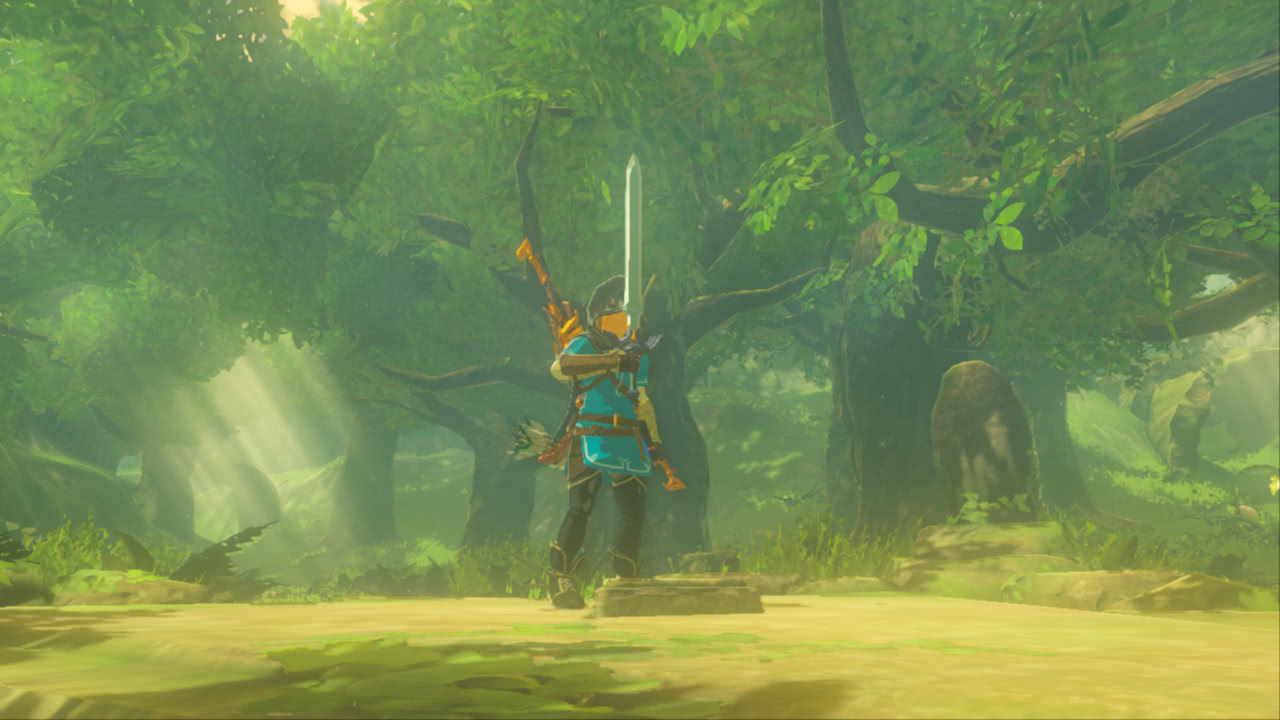 Link holding the Master Sword aloft triumphantly.