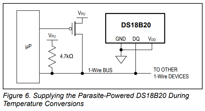 A secondary GPIO from a microprocessor provides a strong pull-up on the 1-Wire bus while power requirements exceed parasitic supply capabilities.