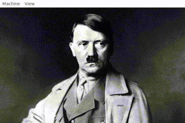 Adolf hitler in black and white; his eyes flash red occasionally.