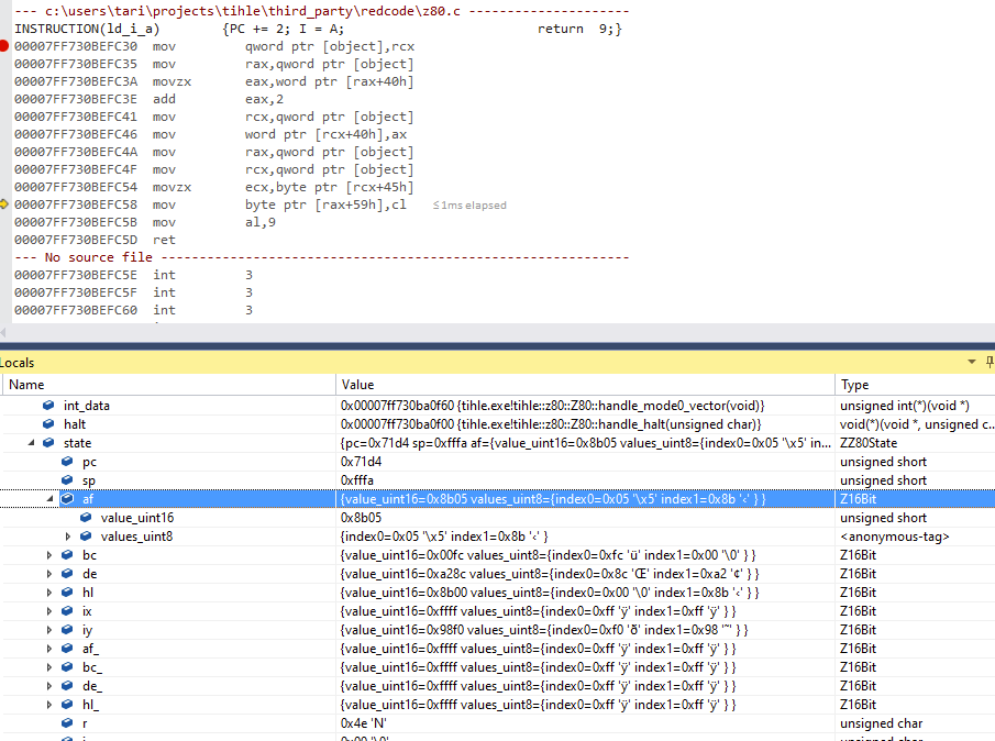 A two pane debugger configuration again, this time with the value 0x8b05 in af.