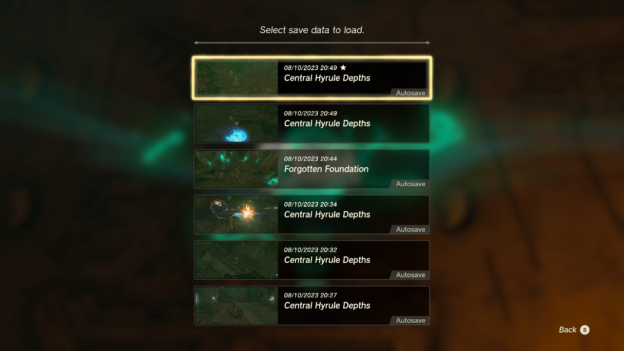 A menu saying 'Select save data to load' and listing six saves in reverse chronological order with a small image depicting the game state of each. All but the second have 'Autosave' markers on them.