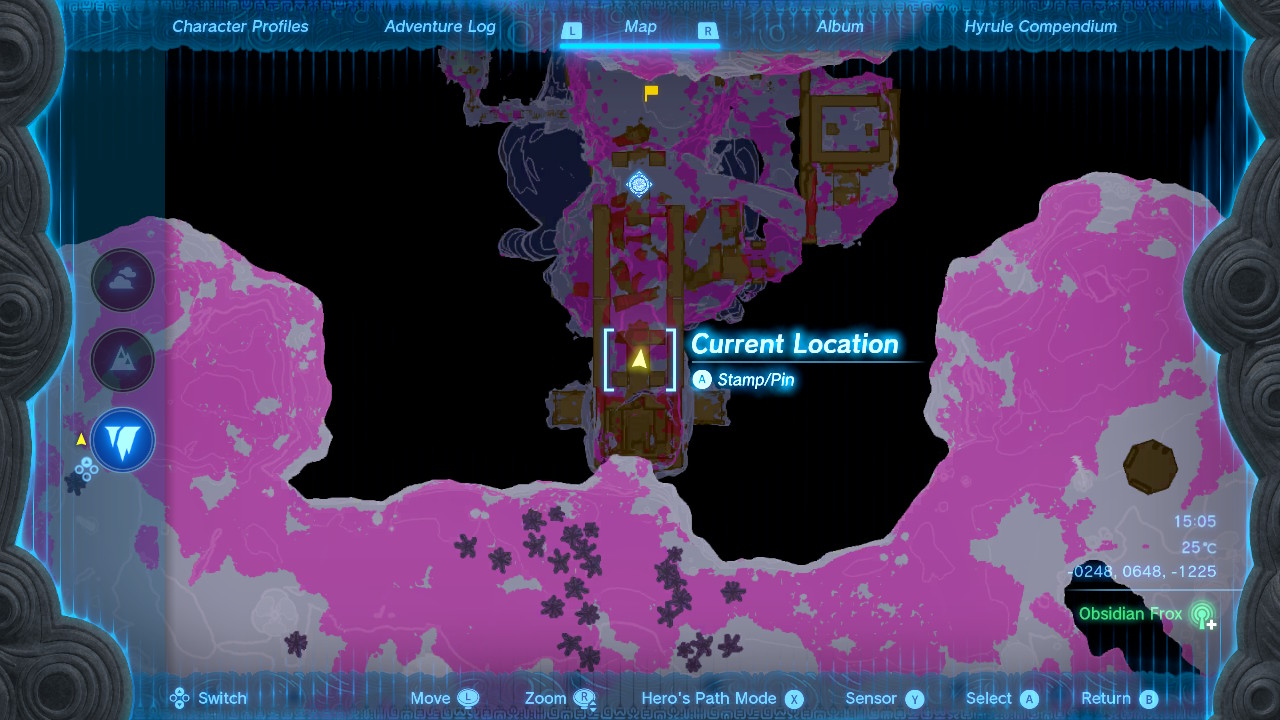 An in-game map menu, with a reticule displayed at the center labelled 'Current Location'. At the lower right of the map display there are three numbers: -0248, 0648, -1225.