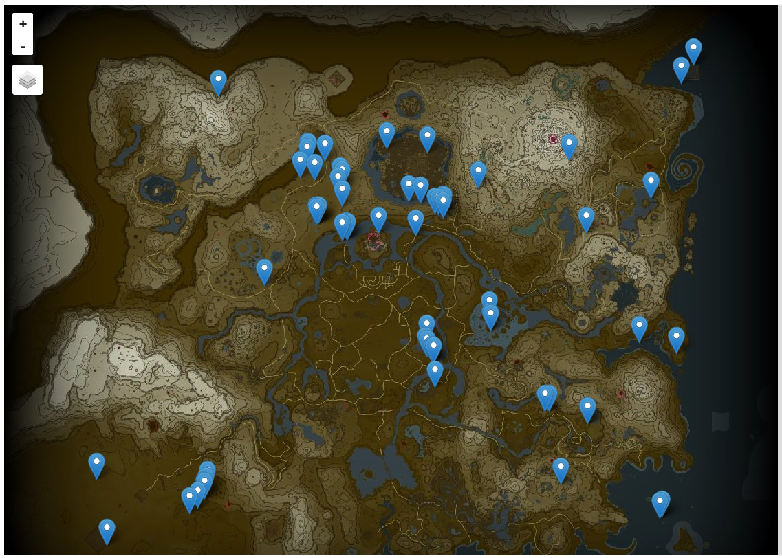The map of Hyrule with 67 blue pins at scattered locations across it. They tend to appear in clusters, densely placed in some areas and completely absent in others.