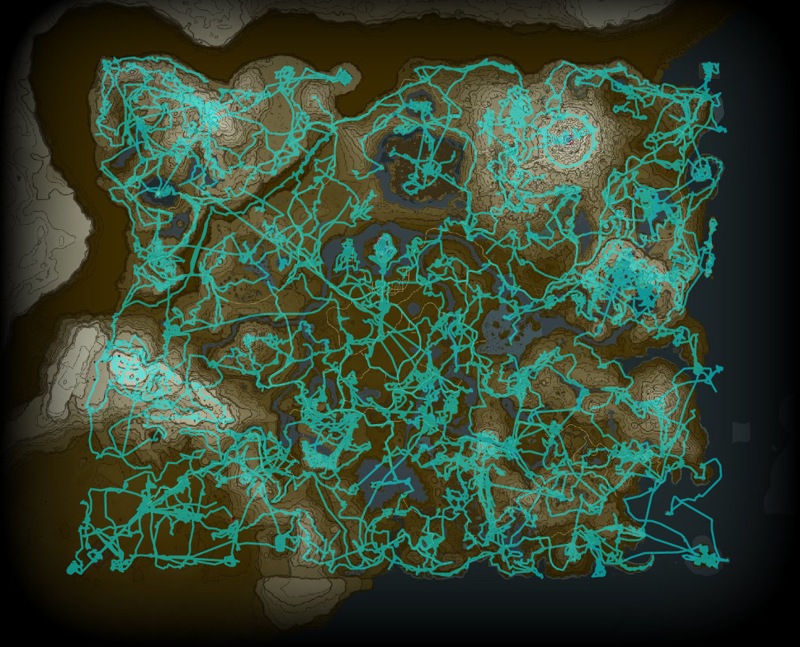 The map of Hyrule with a cyan line snaking all around it, at times circling around itself in small areas and at others moving in lone straight or nearly-straight lines.
