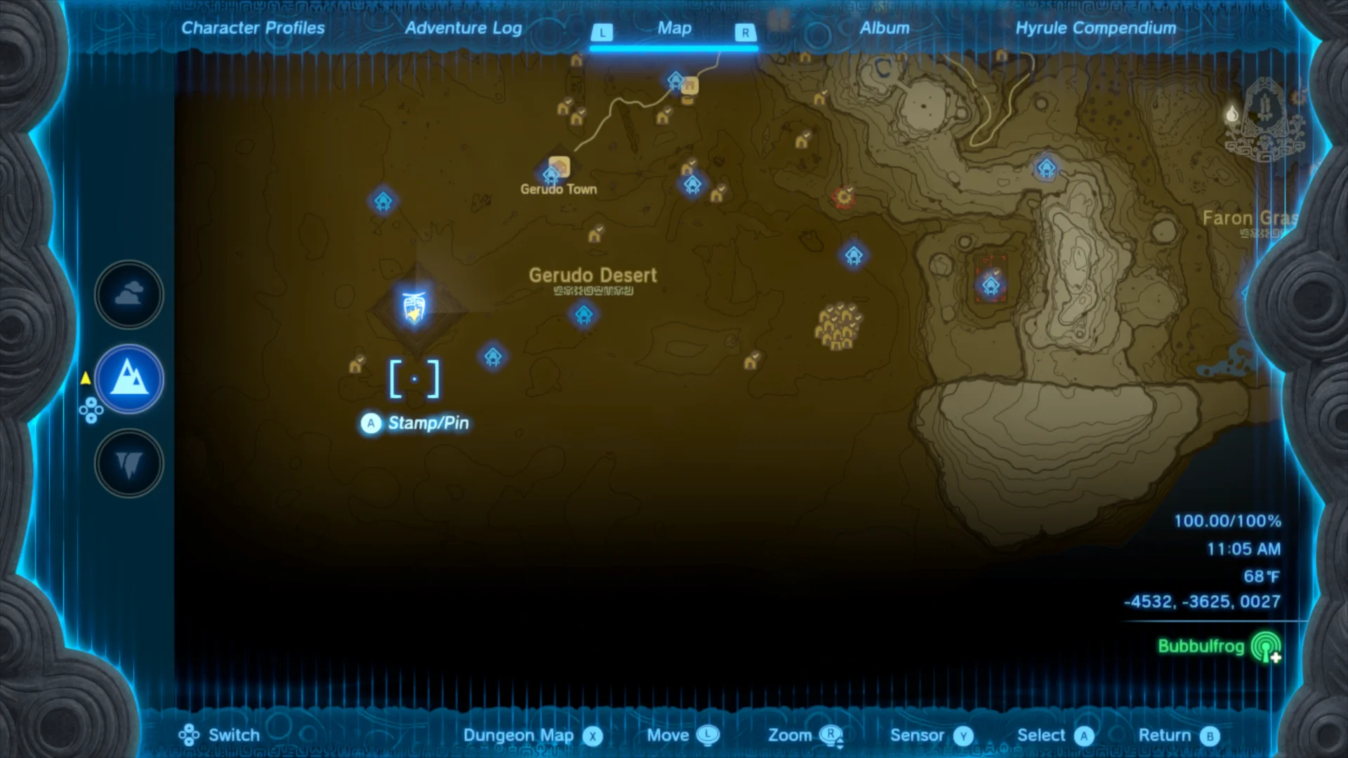 The game map screen showing a player location at coordinates (-4532, -3645, 27), with the triangle representing player location placed on top of a large blue icon.
